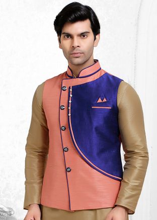 Peach and Blue Asymmetric Readymade Nehru Jacket