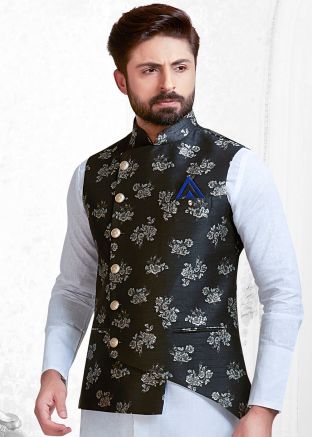 Black Asymmetric Jacquard Readymade Nehru Jacket