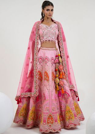 Shaded Pink Silk Readymade Lehenga Choli In Embroidery