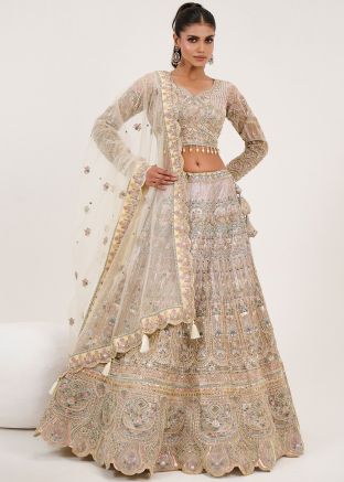 Cream Embroidered Readymade Net Lehenga Choli Set