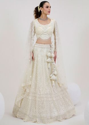 White Net Readymade Lehenga Choli In Beads Work
