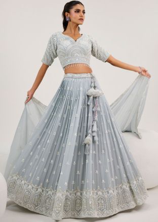 Grey Embroidered Readymade Lehenga Choli In Georgette