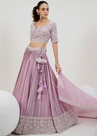 Lavender Embroidered Readymade Lehenga Choli In Georgette