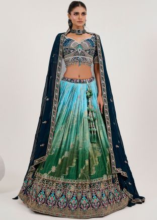 Shaded Green Jacquard Readymade Lehenga Choli In Embroidery