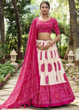 White Printed Lehenga Choli In Tussar Silk