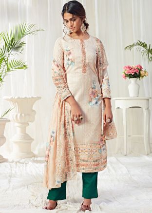 Cream Straight Cut Digital Printed Pant Salwar Suit