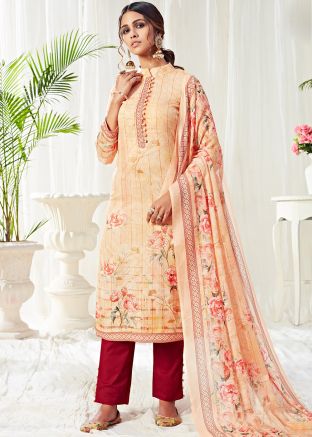 Orange Digital Printed Cotton Pant Salwar Suit