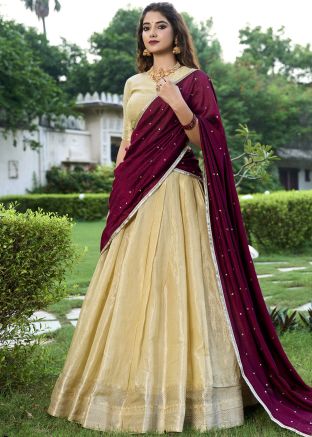 Cream Kanchipuram Silk Woven Lehenga Choli