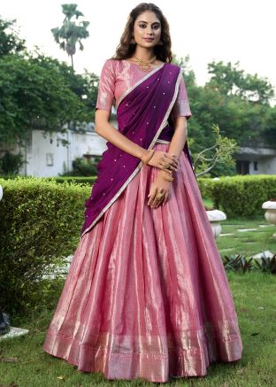 Pink Woven Lehenga Choli In Kanchipuram Silk 