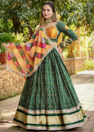Green Digital Bandhej Printed Art Silk Readymade Lehenga Choli