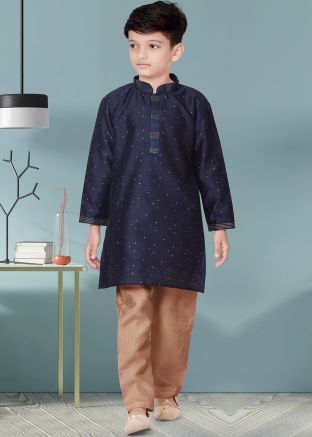 Navy Blue Woven Readymade Kids Kurta Pajama