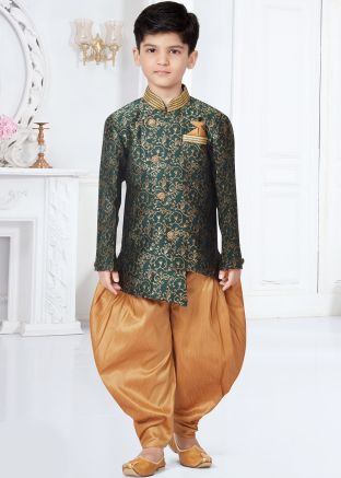 Readymade Green Kids Woven Asymmetric Sherwani With Dhoti