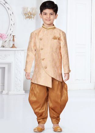 Peach Woven Kids Readymade Dhoti Sherwani Set