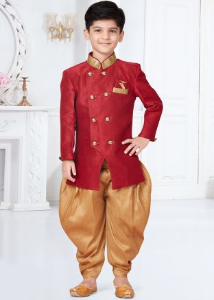 Maroon Readymade Kids Sherwani & Dhoti Set