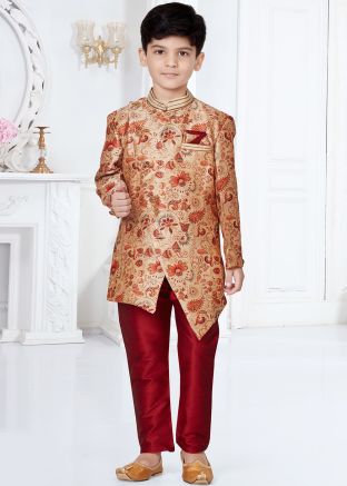 Readymade Golden Digital Printed Kids Sherwani Set