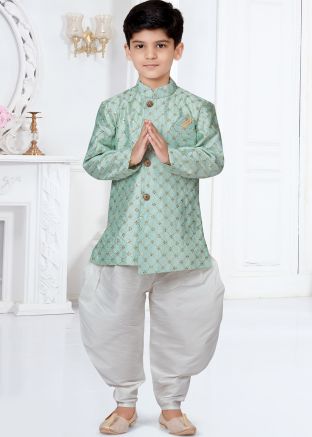 Readymade Green Embroidered Kids Sherwani Dhoti Set