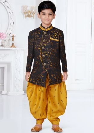 Black Woven Kids Readymade Sherwani With Dhoti