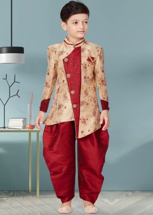 Golden Kids Readymade Woven Sherwani Dhoti Set