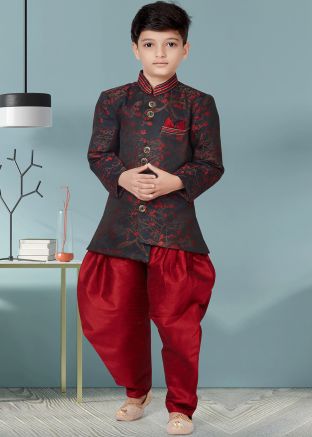 Readymade Black Asymmetric Kids Woven Sherwani & Dhoti Set