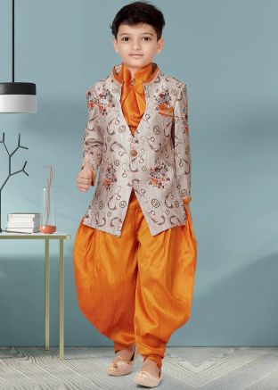 Readymade Grey Kids Digital Printed Sherwani With Dhoti