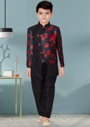 Black Kids Digital Floral Printed Sherwani Set