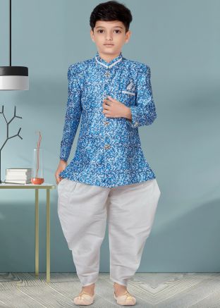 Readymade Blue Kids Sherwani Dhoti Set In Digital Print