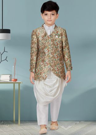 Kids Readymade Multicolor Digital Print Cowl Style Sherwani Set