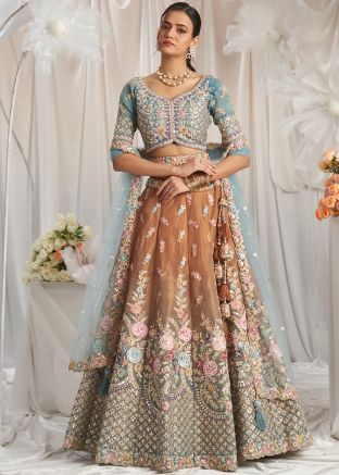 Shaded Brown & Blue Embroidered Lehenga Choli Set