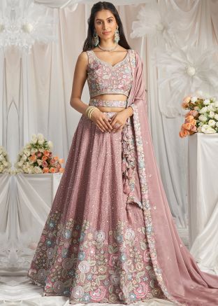 Rose Gold Pink Embellished Chiffon Lehenga Choli