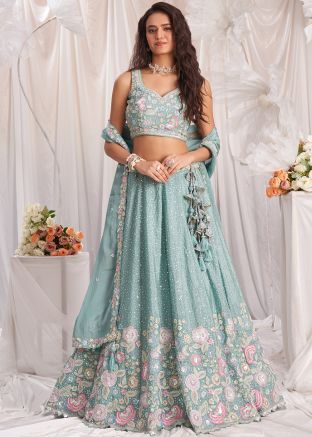Turquoise Sequins Embellished Chiffon Lehenga Choli