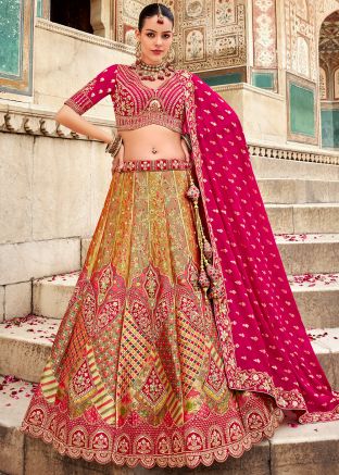 Multicolor Embroidered Bridal Lehenga Choli In Banarasi Silk