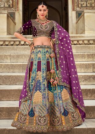 Multicolor Bridal Lehenga Choli Set In Banarasi Silk