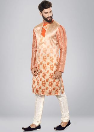 Orange Readymade Dupion Silk Kurta Churidar