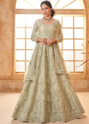 Sage Green Net Lehenga Choli In Dori Embroidery