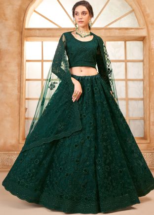 Green Thread Embroidered Net Lehenga Choli Set