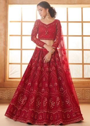 Red Thread Embroidered Net Lehenga Choli Set