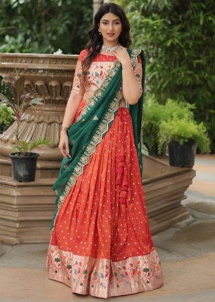 Orange Zari Woven Lehenga Choli