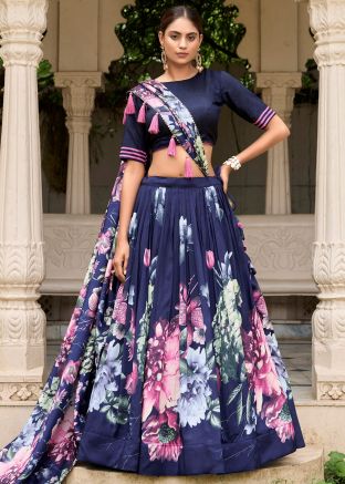 Navy Blue Readymade Floral Print Lehenga Choli