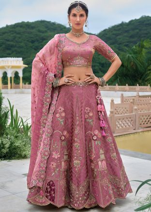 Pink Embroidered Lehenga In Silk
