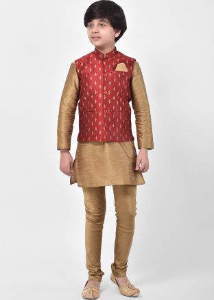 Golden Readymade Kids Kurta Pajama With Printed Jacket