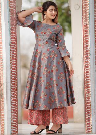 Grey Floral Block Printed Bell Sleeved Kurta Set