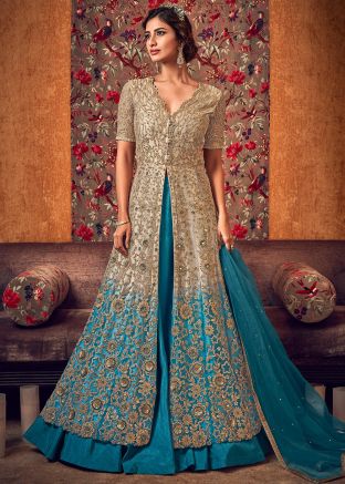 Beige Net Embroidered Kurti Style Lehenga