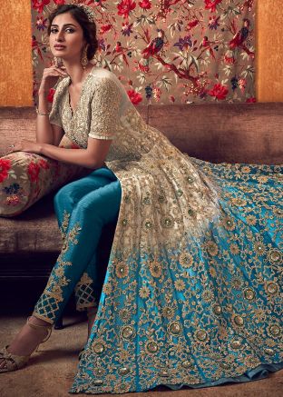 Beige Shaded Embroidered Front Slit Pant Salwar Suit