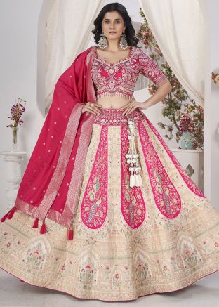 Cream And Pink Readymade Zari Woven Lehenga Choli In Art Silk