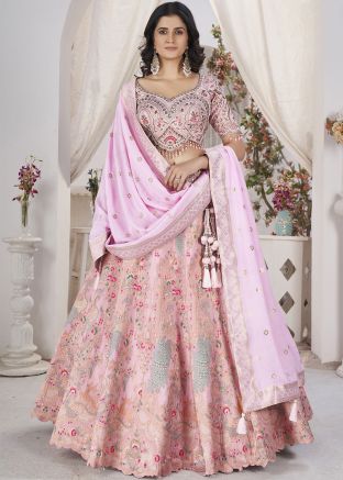 Peach Readymade Art Silk Lehenga Choli In Zari Woven Work