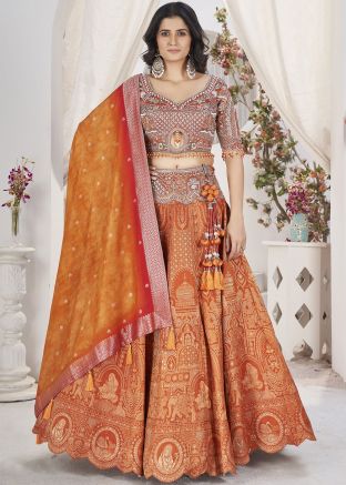 Dull Orange Readymade Zari Woven Art Silk Lehenga Choli