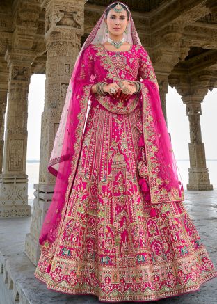 Pink Zari Embroidered Silk Bridal Lehenga Choli