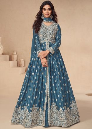Blue Embroidered Kurti Style Lehenga