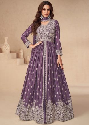 Purple Embroidered Kurti Style Lehenga In Chiffon