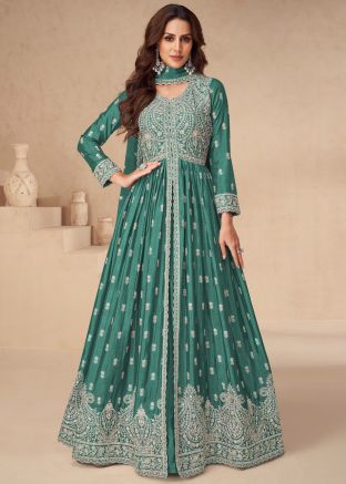 Green Embroidered Chiffon KurtiStyle Lehenga